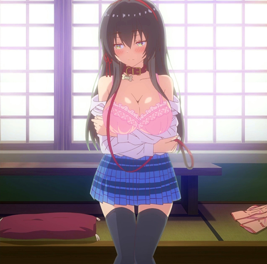 1girl black_hair black_legwear bra hairband highres kawaikereba_hentai_demo_suki_ni_natte_kuremasu_ka? pink_bra screencap stitched third-party_edit tokihara_sayuki underwear yellow_eyes