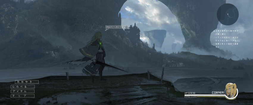 1girl absurdres achievement_unlocked asuteroid bad_id bad_twitter_id blonde_hair building cape cloud cloudy_sky commentary_request cornea_(asuteroid) day from_side grass hair_over_eyes heads-up_display health_bar highres holding holding_sword holding_weapon horizon long_hair minimap neon_trim original outdoors scenery sky solo standing sword translation_request tree user_interface water weapon