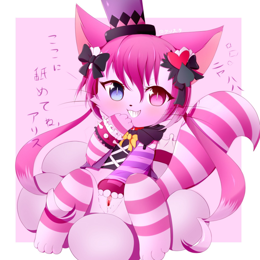 1:1 4_toes blue_eyes bodily_fluids bow cat_busters clothing domestic_cat ears_up egg felid feline felis female fluffy fluffy_tail genital_fluids grin hair heterochromia hi_res inviting japanese_text kemono kryztar legwear long_tail looking_at_viewer mammal pattern_clothing pattern_legwear pink_eyes pink_hair presenting presenting_pussy pussy pussy_juice smile solo spread_legs spread_pussy spreading stockings striped_clothing striped_legwear striped_stockings stripes text toes