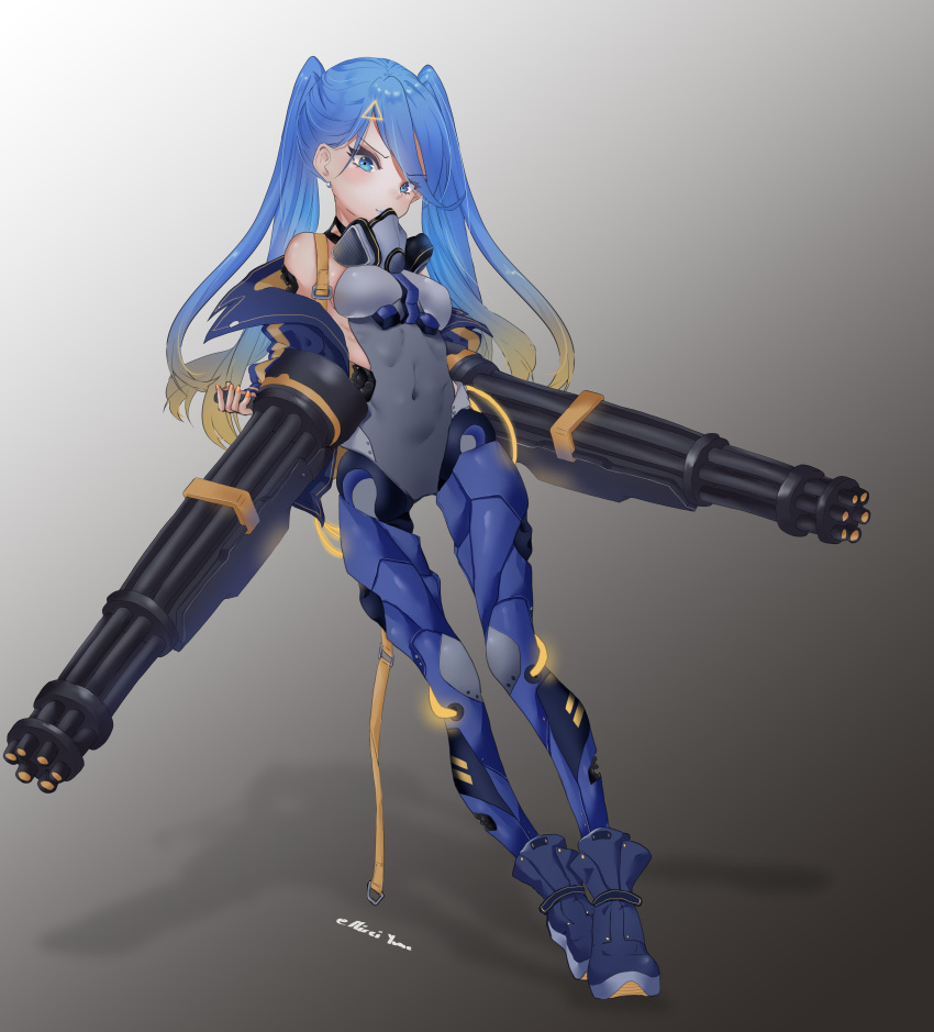 1girl 2019 absurdres blue_eyes blush contest design game gas_mask gatling_gun highres mecha_musume minigun mirei-yume original skin weapon