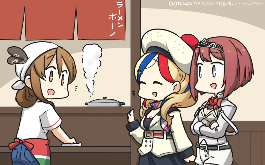 3girls alternate_costume alternate_hairstyle ark_royal_(kantai_collection) bandana belt beret blonde_hair blue_eyes blue_hair blue_pants brown_eyes brown_hair closed_eyes commandant_teste_(kantai_collection) commentary corset crown denim eyebrows_visible_through_hair flower french_flag hair_between_eyes hairband hamu_koutarou hat highres jacket jeans kantai_collection littorio_(kantai_collection) long_hair long_sleeves looking_at_another looking_at_viewer multicolored multicolored_clothes multicolored_hair multicolored_scarf multiple_girls open_mouth pants pom_pom_(clothes) ponytail red_flower red_hair red_ribbon red_rose ribbon rose scarf shirt short_hair short_sleeves shorts smile streaked_hair tiara wavy_hair white_hair white_legwear white_shirt white_shorts