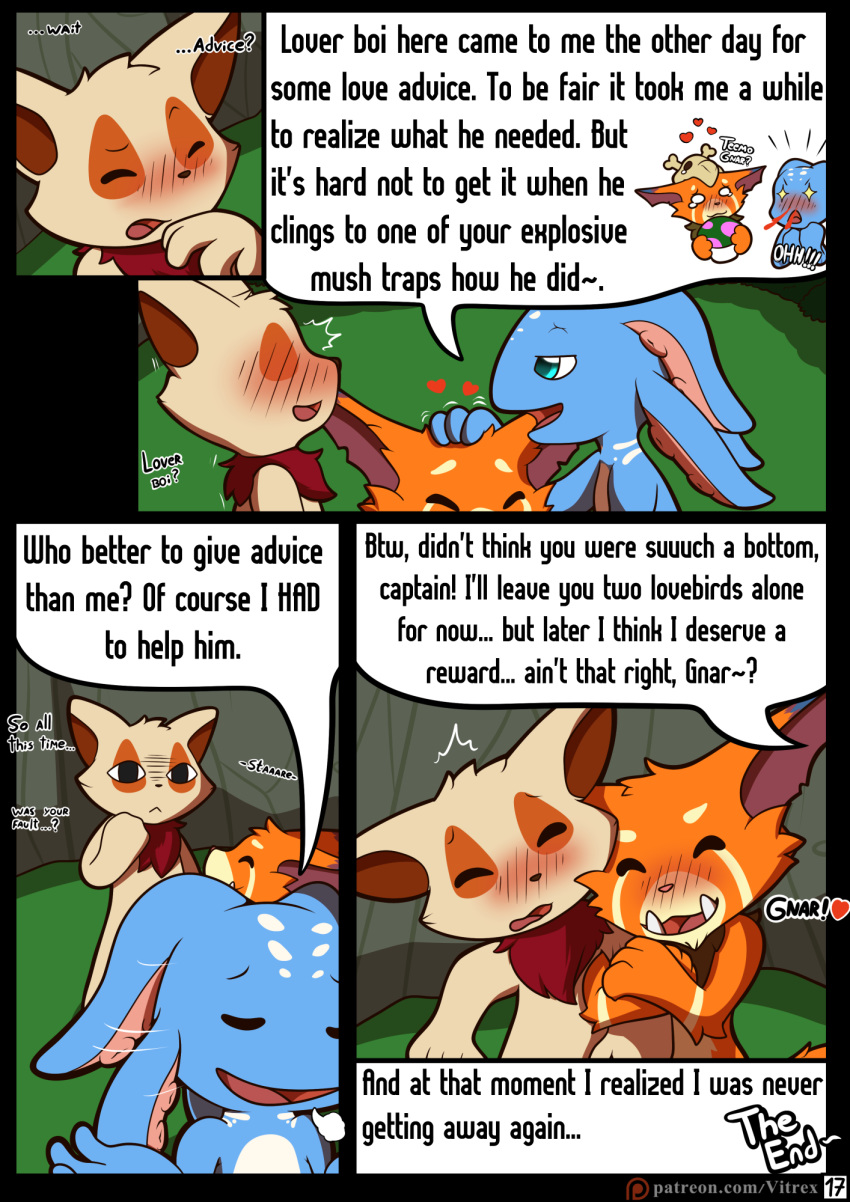 blush comic dialogue digital_media_(artwork) english_text fizz_(lol) fungus fur gnar_(lol) hi_res league_of_legends male mushroom nude open_mouth riot_games speech_bubble teemo_(lol) text video_games vitrex yordle