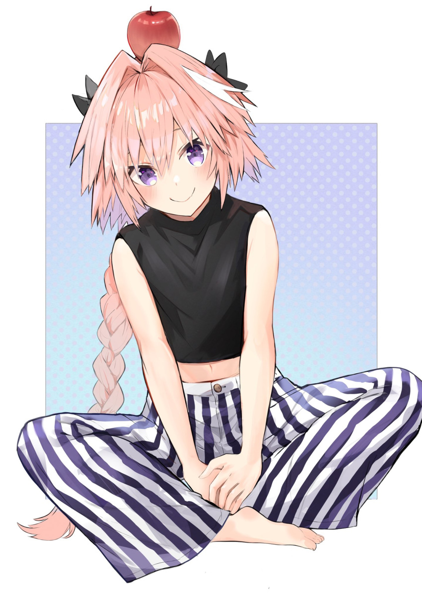 1boy apple astolfo_(fate) bangs bare_arms barefoot black_bow black_shirt bow braid c: closed_mouth commentary_request fate/apocrypha fate_(series) food food_on_head fruit fruit_on_head full_body hair_between_eyes hair_bow hair_intakes head_tilt highres indian_style kusumoto_touka long_hair looking_at_viewer male_focus midriff multicolored_hair navel object_on_head otoko_no_ko own_hands_together pants pink_hair polka_dot polka_dot_background purple_eyes purple_pants shiny shiny_hair shirt sidelocks single_braid sitting sleeveless sleeveless_shirt smile solo streaked_hair striped striped_pants very_long_hair white_background white_hair white_pants