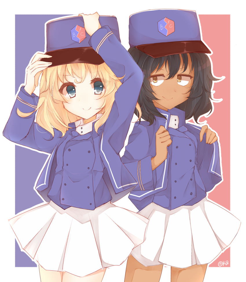 2girls adjusting_clothes adjusting_headwear andou_(girls_und_panzer) artist_name bangs bc_freedom_(emblem) bc_freedom_military_uniform black_hair blonde_hair blue_eyes blue_headwear blue_jacket blue_vest brown_eyes closed_mouth commentary cowboy_shot dark_skin dress_shirt emblem flag_background french_flag girls_und_panzer hat high_collar highres jacket long_sleeves looking_at_viewer medium_hair messy_hair military military_hat military_uniform miniskirt multiple_girls oshida_(girls_und_panzer) outline pleated_skirt shako_cap shino_(sn_kmn) shirt side-by-side signature skirt smile standing uniform vest white_outline white_shirt white_skirt