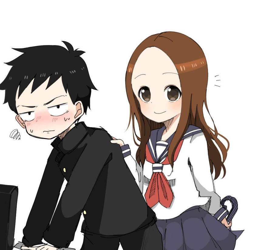 1boy 1girl bangs black_jacket black_pants blue_sailor_collar blue_skirt blush brown_eyes brown_hair closed_mouth commentary_request forehead gakuran holding holding_umbrella jacket karakai_jouzu_no_takagi-san long_hair long_sleeves nishikata nose_blush pants parted_bangs pleated_skirt riruko_(tbskt6800) sailor_collar school_uniform serafuku shirt simple_background skirt smile squiggle sweat takagi-san umbrella v-shaped_eyebrows white_background white_shirt