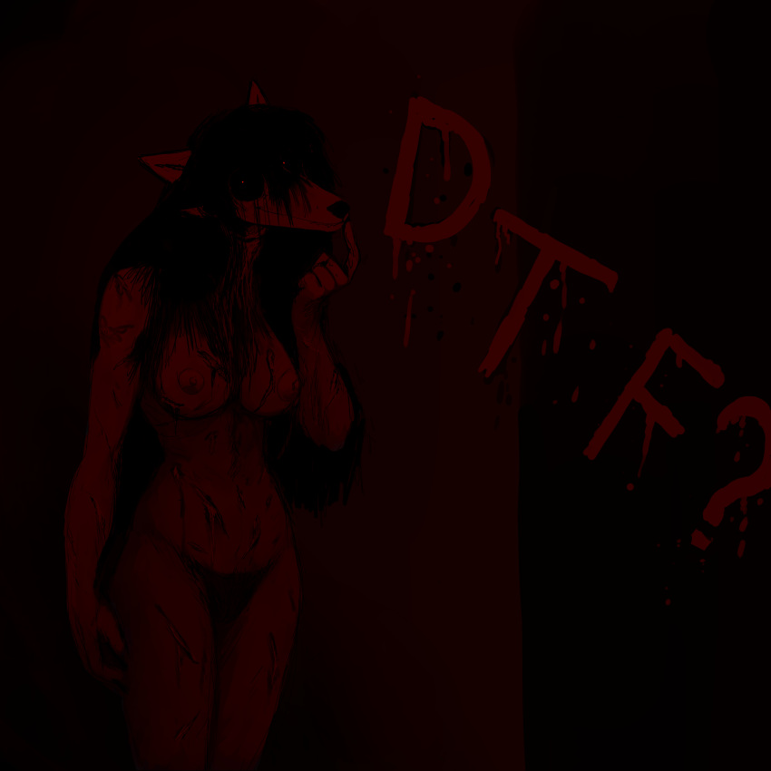 1:1 2019 5_fingers ? anthro areola black_hair black_sclera blood bodily_fluids breasts canid canine canis digital_media_(artwork) domestic_dog female fingers fur ghost ghost_pupper hair hi_res hladilnik long_hair looking_at_viewer mammal nipples nude pussy solo spirit standing straight_hair teeth text