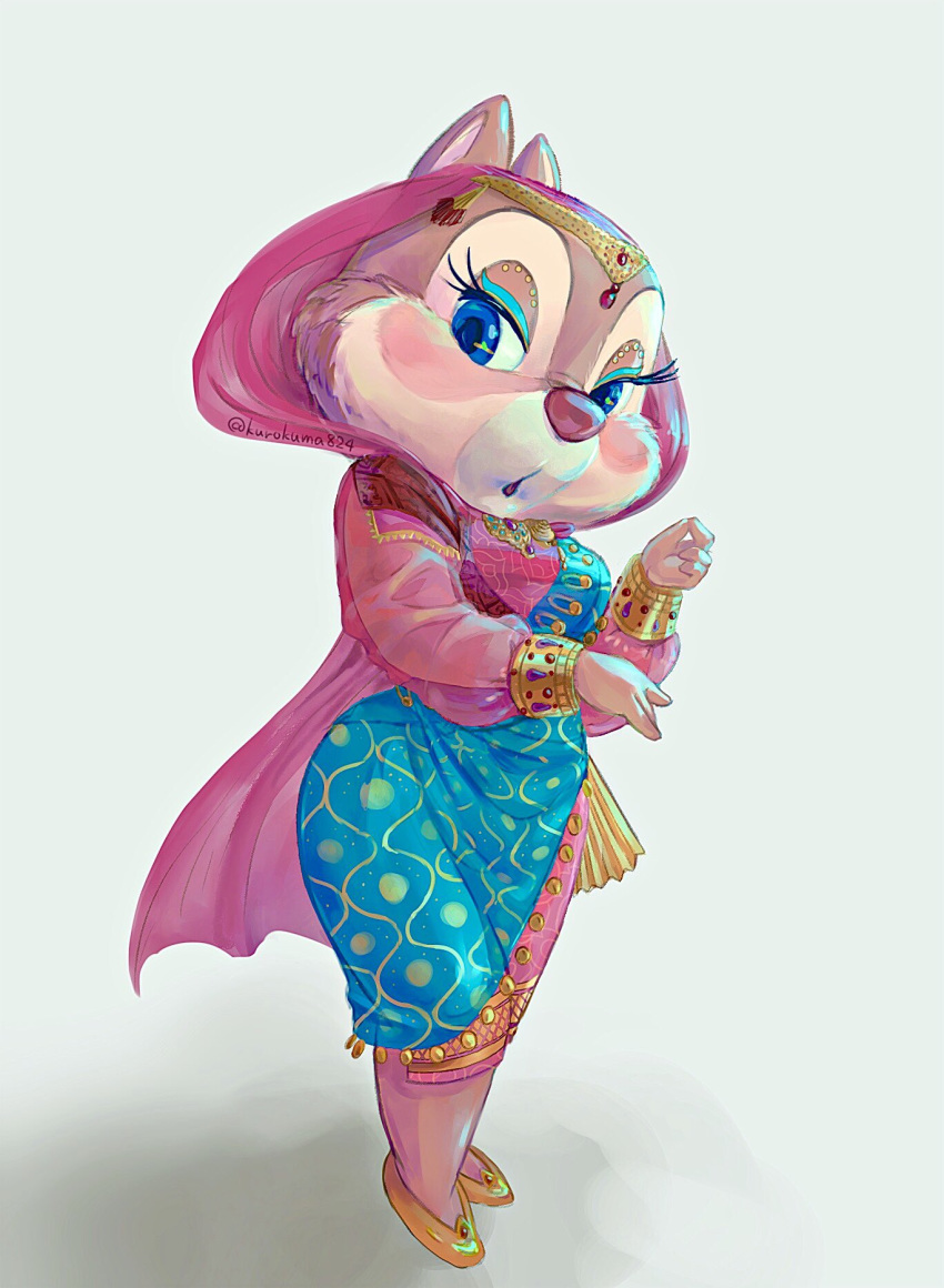 2019 4_fingers anthro blue_eyes chipmunk clarice_(disney) clothed clothing disney dress eyelashes female fingers footwear fur ground_squirrel hi_res kurokuma824 mammal red_nose rodent sciurid shoes simple_background solo tan_fur