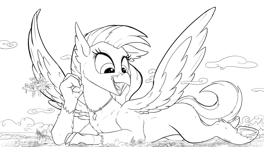 2019 absurd_res avian canterlot cloudsdale equestria female friendship_is_magic hi_res hippogryph line_art macro my_little_pony open_mouth ponyville silverstream_(mlp) solo tsitra360