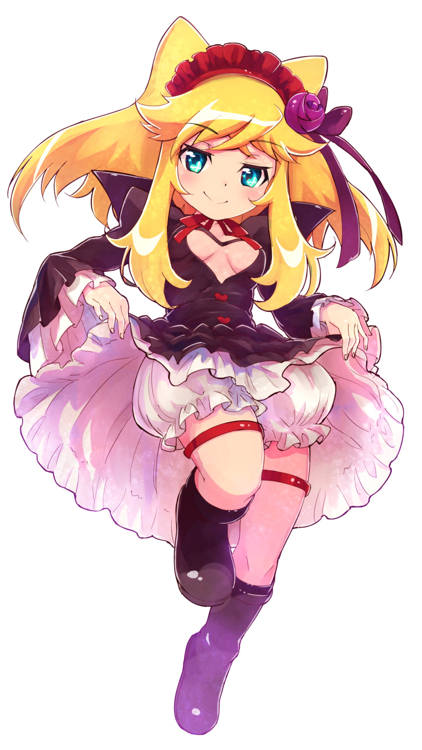 1girl absurdres anyamal_tantei_kirumin_zoo black_dress black_footwear blonde_hair bloomers blue_eyes boots bow breasts cleavage_cutout dress dress_lift fingernails flower full_body hair_bow hair_flower hair_ornament hair_ribbon hatori_kanon heart highres juliet_sleeves knee_boots leg_up lifted_by_self long_hair long_sleeves maid_headdress medium_breasts nyama puffy_sleeves purple_bow purple_footwear purple_ribbon red_neckwear red_ribbon ribbon sidelocks simple_background sleeves_past_wrists solo thigh_strap underboob underwear white_background white_bloomers wide_sleeves