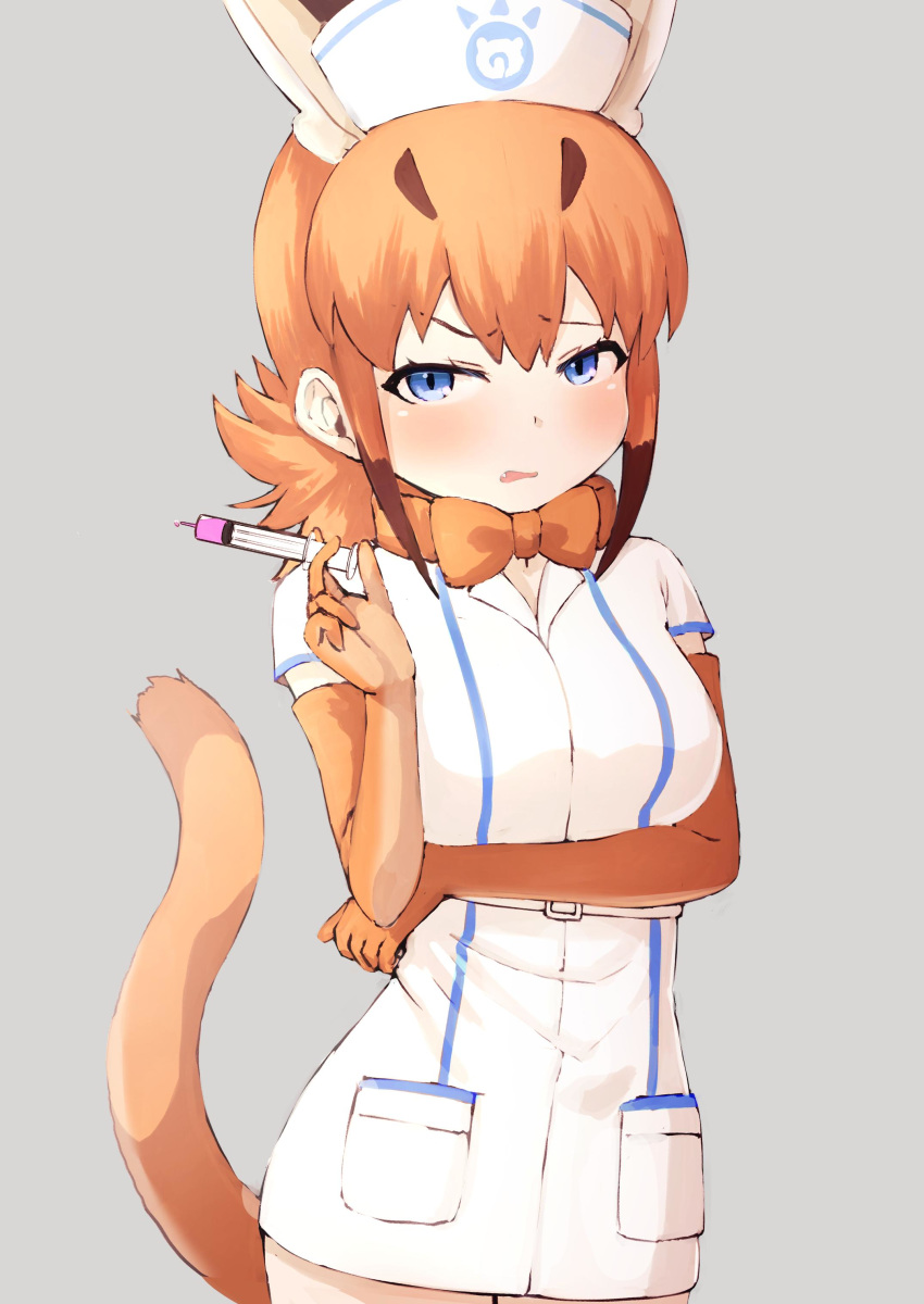 1girl absurdres alternate_costume blue_eyes bow bowtie caracal_(kemono_friends) caracal_ears caracal_tail commentary_request cowboy_shot deku_suke dress elbow_gloves extra_ears eyebrows_visible_through_hair fang gloves hat highres japari_symbol kemono_friends kemono_friends_festival light_brown_hair long_hair nurse nurse_cap open_mouth orange_neckwear short_sleeves sidelocks solo syringe white_dress