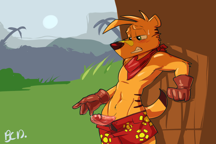 2019 5_fingers anthro bluecoffeedog bodily_fluids clothed clothing dasyuromorph digital_media_(artwork) erection fingers fur gloves hair handwear hi_res male mammal marsupial partially_clothed penis public simple_background solo stripes thylacine ty_(character) ty_the_tasmanian_tiger video_games