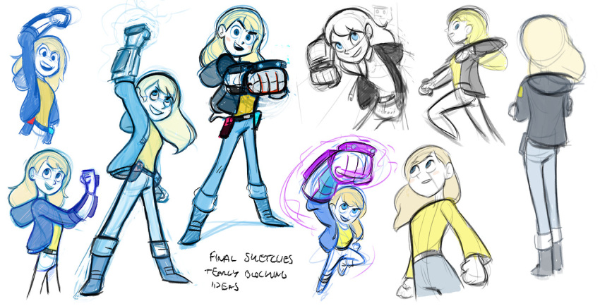 1girl aura belt belt_buckle blonde_hair blue_eyes blush boots captain_n captain_n_the_game_master character_sheet clenched_hand electricity eyebrows eyebrows_visible_through_hair female female_focus female_only fist_up hair hands_in_pockets hood hoodie human jacket joycon_controller joycons knoxrobbins looking_up nintendo open_mouth original_character pants power_glove raised_arm shirt sketch smile teeth text undershirt yellow_shirt