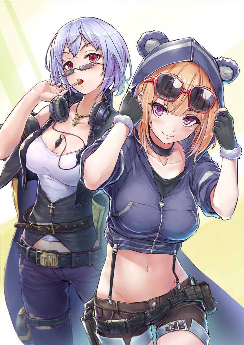 2girls alternate_costume animal_ears animal_hood bear_ears belt belt_buckle between_breasts breasts buckle candy cleavage denim denim_shorts digital_media_player drum_magazine eyewear_on_head fingerless_gloves food food_in_mouth girls_frontline gloves grizzly_mkv_(girls_frontline) headphones headphones_around_neck highres holster holstered_weapon hood hooded_jacket jacket jeans lollipop medium_breasts multiple_girls navel orange_hair pants potato_tacos purple_eyes purple_hair red_eyes short_shorts shorts sunglasses thompson_submachine_gun_(girls_frontline)