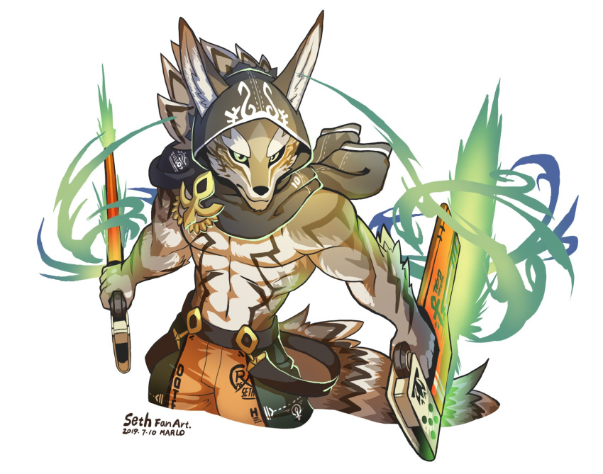 abs anthro badge beam_sword black_sclera bottomwear canid canine canis clothing dual_wielding green_eyes hi_res holding_object holding_weapon hood jackal mammal pants seth_(tas) solo tokyo_afterschool_summoners video_games weapon wolfmalro