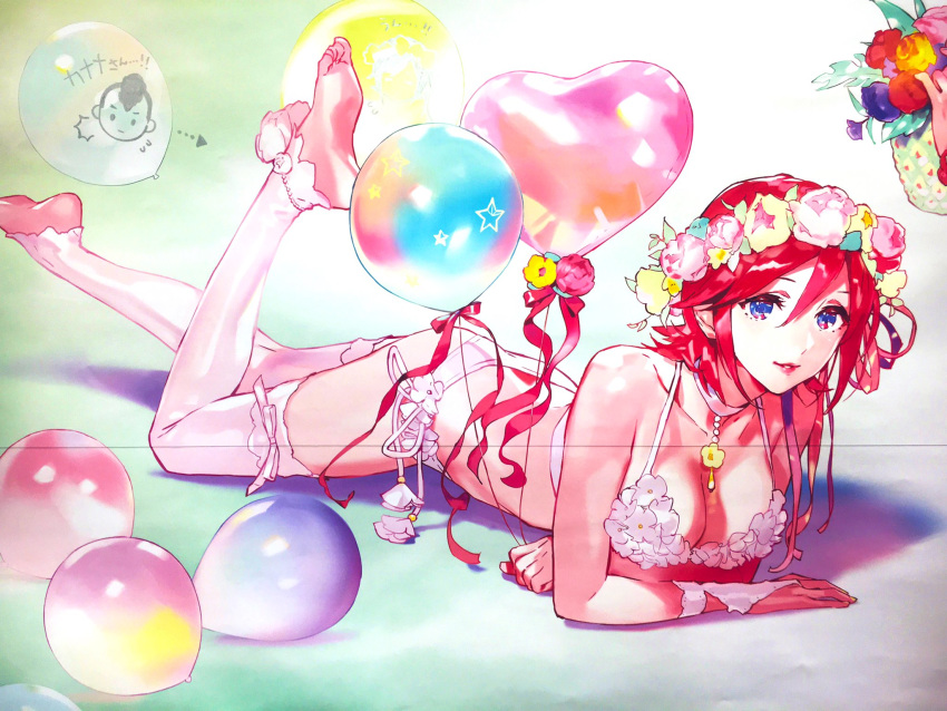 1girl barefoot bikini blue_eyes breasts choker cleavage collarbone flower full_body hair_between_eyes hair_flower hair_ornament halterneck head_wreath heart_balloon highres jewelry kaname_buccaneer looking_at_viewer lying macross macross_delta medium_breasts necklace on_stomach parted_lips pink_flower red_hair red_lips ribbon shimatani_azu shiny shiny_hair short_hair side-tie_bikini smile soles solo swimsuit thighhighs white_background white_bikini white_flower white_legwear white_ribbon