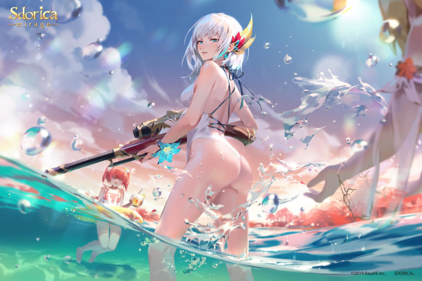 2girls 3girls alternate_costume aqua_eyes armlet ass bangs bare_shoulders bikini blonde_hair blue_eyes blue_hair blue_sky breasts cloud cup day flower gun hair_flower hair_ornament highres holding holding_cup holding_gun holding_weapon logo long_hair looking_at_viewer medium_breasts multiple_girls official_art one-piece_swimsuit outdoors parted_lips pink_bikini pink_hair rifle sdorica_-sunset- sharice_(sdorica_-sunset-) sione_aldric sky splashing swimsuit twintails wading water_drop watermark weapon white_hair white_swimsuit