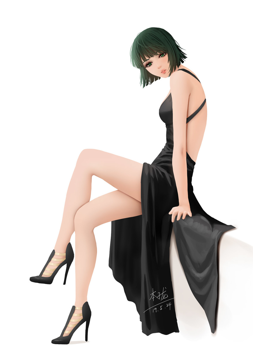 1girl black_dress dress fubuki_(one-punch_man) green_eyes green_hair highres legs lips one-punch_man shoes short_hair solo thighs zyl