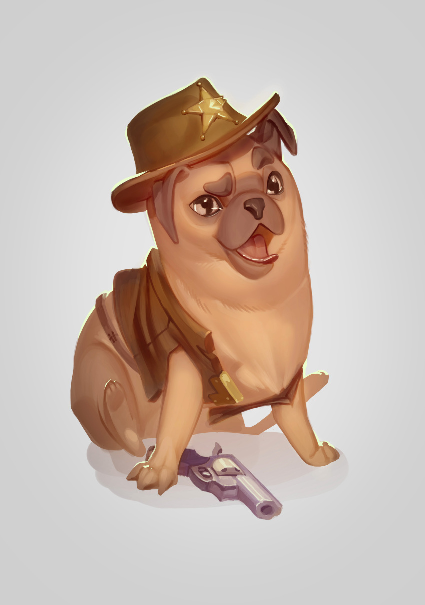 2018 absurd_res ambiguous_gender canid canine canis clothing crimsonlure domestic_dog eyebrows feral gun handgun hat headgear headwear hi_res looking_at_viewer mammal molosser open_mouth pug raised_eyebrow ranged_weapon revolver sheriff_badge simple_background small_molosser solo tongue tongue_out toy_dog weapon white_background