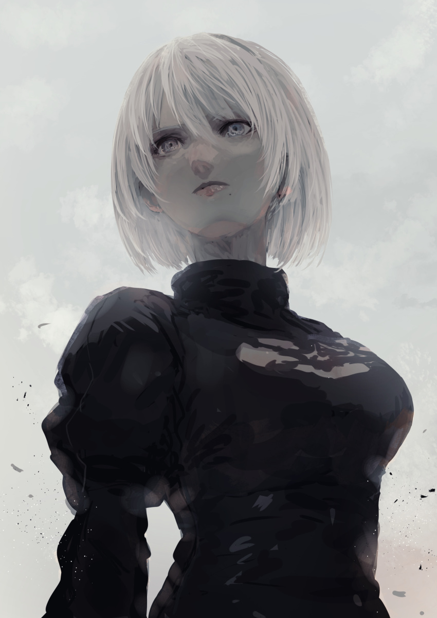 1girl absurdres bangs black_dress breasts closed_mouth dress grey_background grey_eyes hair_between_eyes highres juliet_sleeves kumamoto_nomii-kun long_sleeves looking_away medium_breasts mole mole_under_mouth nier_(series) nier_automata no_blindfold puffy_sleeves short_hair solo upper_body white_hair yorha_no._2_type_b