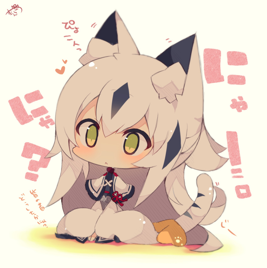 1girl :&lt; animal_ear_fluff animal_ears bangs beige_background black_hair blush capelet cat_ears cat_girl cat_tail chibi closed_mouth commentary_request eyebrows_visible_through_hair fate/grand_order fate_(series) green_eyes grey_hair hair_between_eyes highres kemonomimi_mode long_hair long_sleeves multicolored_hair muuran nagao_kagetora_(fate) solo striped_tail tail tail_raised translated two-tone_hair very_long_hair white_capelet wide_sleeves