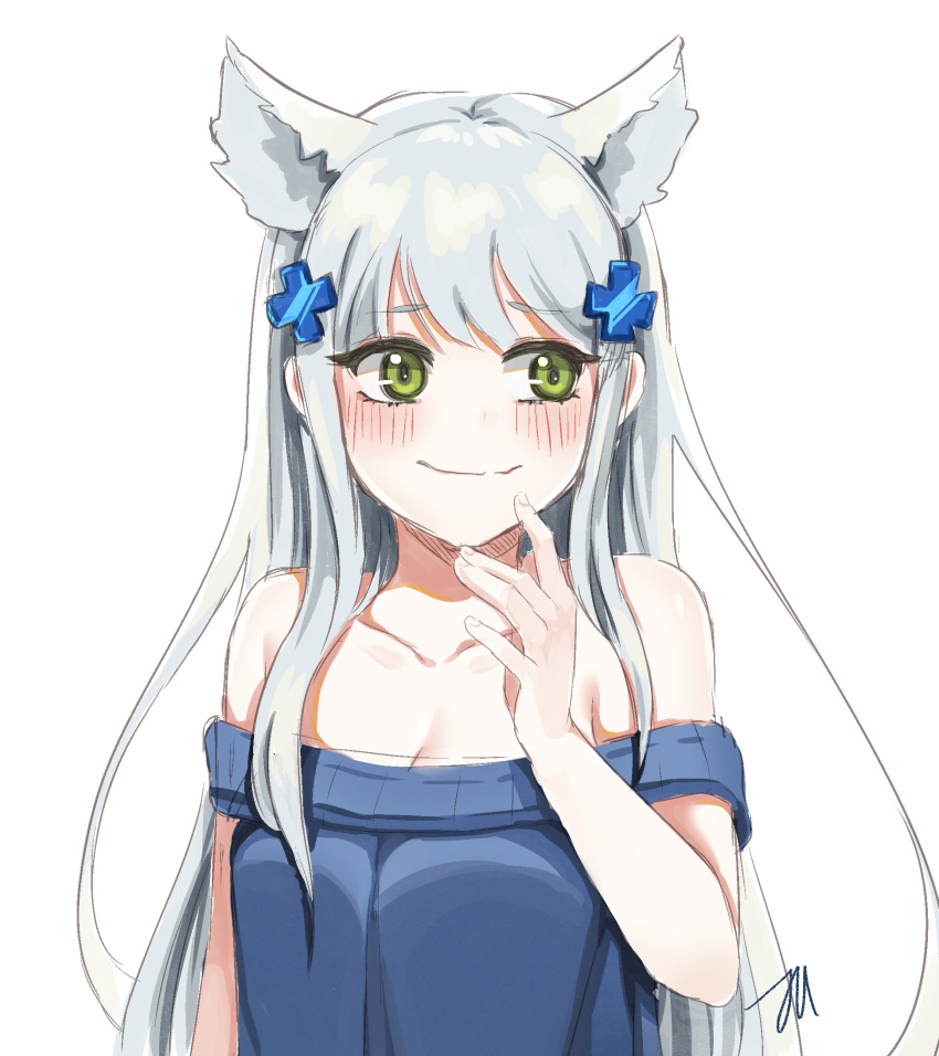 1girl animal_ears bangs bare_arms bare_shoulders blunt_bangs blush breasts cat_ears cleavage collarbone commentary eyebrows_visible_through_hair girls_frontline green_eyes hair_ornament highres hk416_(girls_frontline) long_hair looking_at_viewer sidelocks signature silver_hair simple_background solo sun_miru sweater upper_body white_background