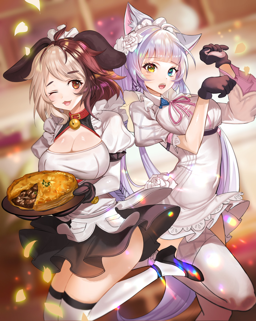 2girls :3 ;3 absurdres animal_ears bangs bell black_footwear black_gloves black_skirt blue_eyes blunt_bangs blush braid breasts brown_eyes brown_hair cat_ears cat_girl cat_tail cleavage collar covered_navel cs_perrault_(last_origin) dog_ears dog_girl eyebrows_visible_through_hair flower food french_braid gloves hachiko_(last_origin) hair_flower hair_ornament haribo_kanten heterochromia highres huge_filesize jingle_bell large_breasts last_origin long_hair looking_at_viewer maid maid_headdress miniskirt multicolored_hair multiple_girls open_mouth paw_pose petals pie pink_ribbon puffy_short_sleeves puffy_sleeves quad_tails red_collar ribbon short_sleeves silver_hair skirt skirt_lift standing standing_on_one_leg tail thighhighs tray two-tone_hair underbust very_long_hair white_flower white_hair white_legwear yellow_eyes