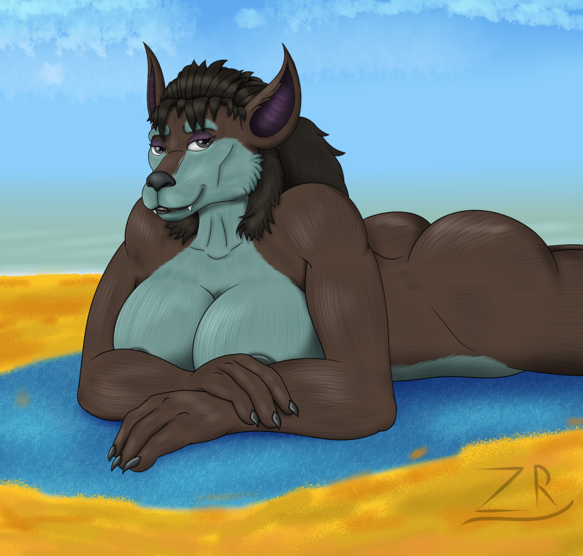 anthro beach big_breasts blizzard_entertainment breasts canid canine furryrex_(artist) hair hi_res mammal mane roxley seaside solo video_games warcraft were werecanid werecanine werewolf worgen