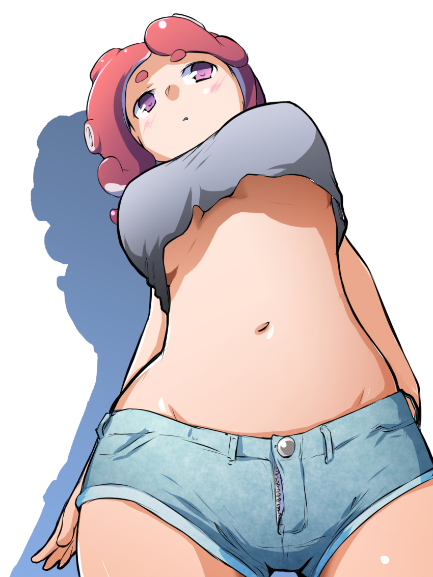 1girl arms_behind_back black_shirt blue_shorts blush breasts closed_mouth commentary cowboy_shot crop_top denim denim_shorts facing_viewer groin highres light_frown medium_hair micro_shorts navel octarian octoling red_eyes red_hair shadow shirt shorts solo splatoon_(series) standing suction_cups tentacle_hair toraneko555 underboob