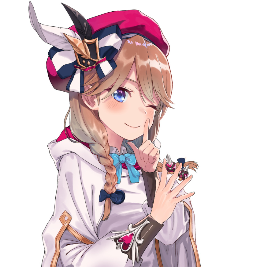 1girl beret blue_bow blue_eyes blue_neckwear blush bow bowtie braid brown_hair closed_mouth feathers finger_to_mouth hair_bow hands_up hat highres holding hood hood_down index_finger_raised jjeono long_hair looking_at_viewer noa_(seven_knights) one_eye_closed pink_headwear robe seven_knights shushing simple_background smile solo upper_body white_background wing_collar