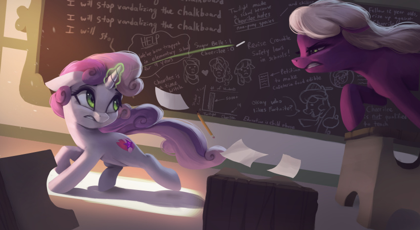 2019 absurd_res cheerilee_(mlp) classroom cutie_mark detailed_background duo earth_pony english_text equid equine female feral friendship_is_magic hi_res horn horse inside mammal my_little_pony paper pony school sweetie_belle_(mlp) text unicorn vanillaghosties young