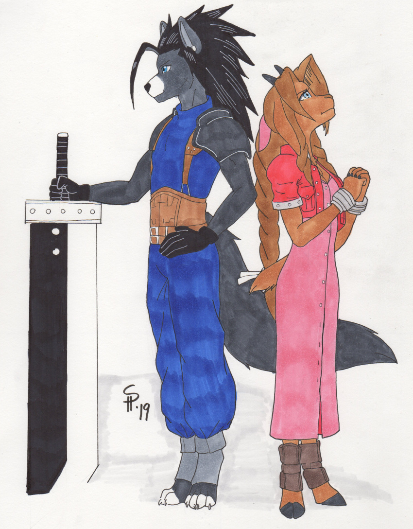 absurd_res aerith_gainsborough bastian_mccready bovid canid canine canis caprine dreadwolfclaw1990 final_fantasy final_fantasy_vii goat hi_res mammal melee_weapon shirley_robins square square_enix sword video_games weapon wolf zack_fair
