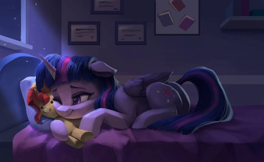 2019 absurd_res bed cutie_mark detailed_background equestria_girls equid feral friendship_is_magic hi_res horn inside mammal my_little_pony on_bed one_eye_closed plushie purple_eyes smile solo sunset_shimmer_(eg) twilight_sparkle_(mlp) vanillaghosties winged_unicorn wings