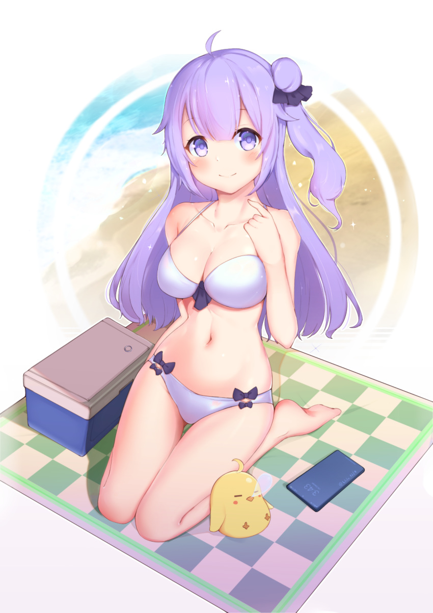 1girl ahoge azur_lane bangs bare_legs bare_shoulders barefoot beach beach_towel bikini bird black_bow blush bow box breasts cellphone checkered chicken chunyineo cleavage closed_mouth collarbone day full_body highres long_hair looking_at_viewer medium_breasts navel one_side_up outdoors phone pointing pointing_at_self purple_eyes purple_hair sitting smartphone smile solo standing swimsuit tareme towel unicorn_(azur_lane) very_long_hair wariza water white_bikini