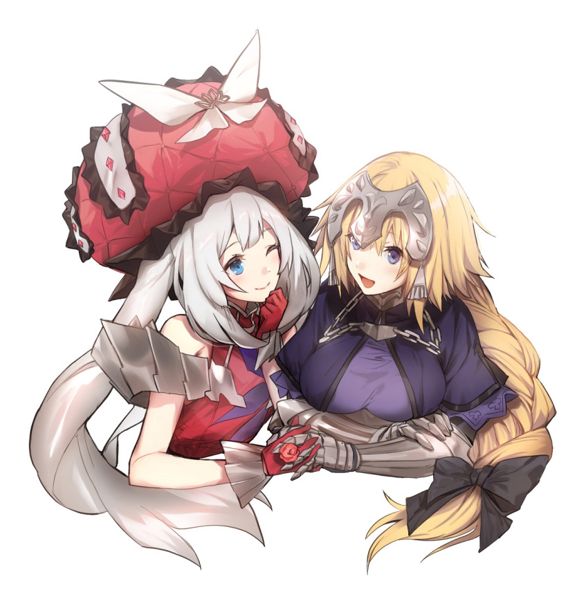 2girls :d ;) armor bare_arms bare_shoulders black_ribbon blonde_hair blue_eyes bow capelet chain eye_contact fate/apocrypha fate/grand_order fate_(series) frilled_hat frills gauntlets gloves hair_ribbon hand_on_own_chin hat hat_bow headpiece highres holding_hands interlocked_fingers jeanne_d'arc_(fate) jeanne_d'arc_(fate)_(all) large_hat long_hair looking_at_another marie_antoinette_(fate/grand_order) multiple_girls no-kan one_eye_closed open_mouth purple_eyes red_gloves red_headwear ribbon silver_hair simple_background sleeveless smile twintails upper_body white_background white_bow yuri