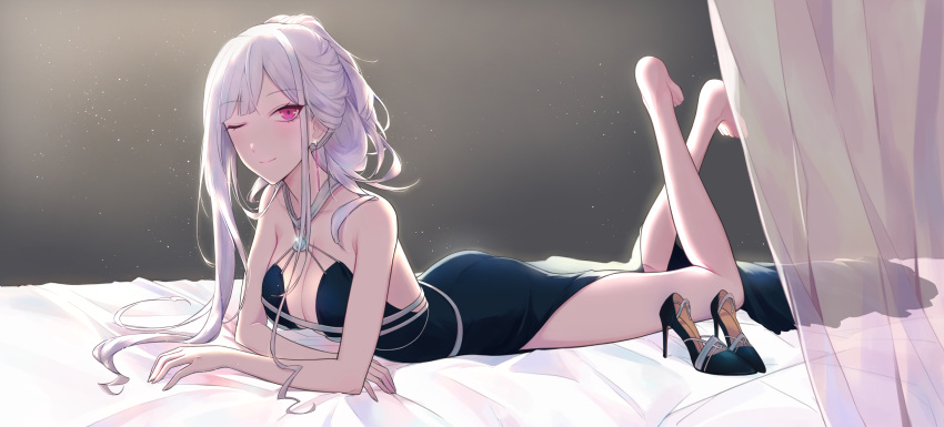 1girl ;) ak-12_(girls_frontline) ass bare_shoulders barefoot black_hair breasts cleavage curtains earrings girls_frontline high_heels highres jewelry long_hair looking_at_viewer lying on_stomach one_eye_closed ponytail purple_eyes qb_516 shoes_removed silver_hair smile solo very_long_hair