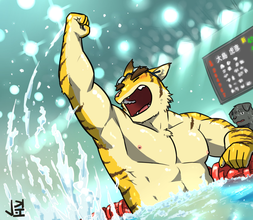 abs eyebrows eyewear felid fist_pump goggles hi_res jeck male mammal morenatsu muscular muscular_male nipples pantherine pecs smile swimming thick_eyebrows tiger torahiko_(morenatsu) water