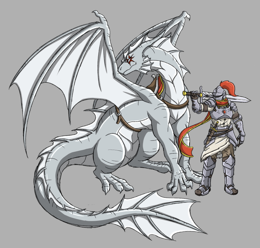 armor clothed clothing dragon duo full-length_portrait fully_clothed grey_scales headgear helmet hi_res mammal melee_weapon membrane_(anatomy) membranous_wings portrait rakkuguy scales scalie size_difference sword weapon wings