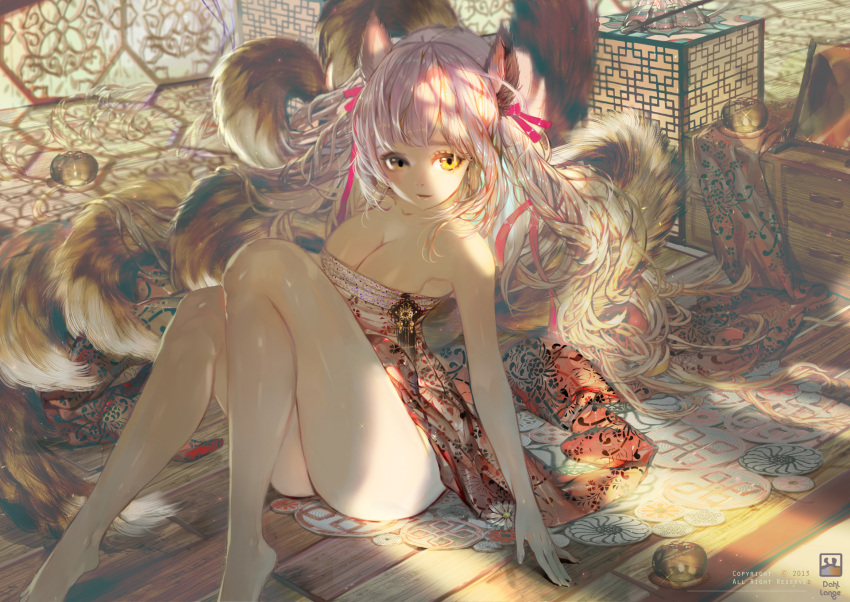 ahri animal_ears cleavage dahl-lange dress kitsune league_of_legends nopan skirt_lift tail