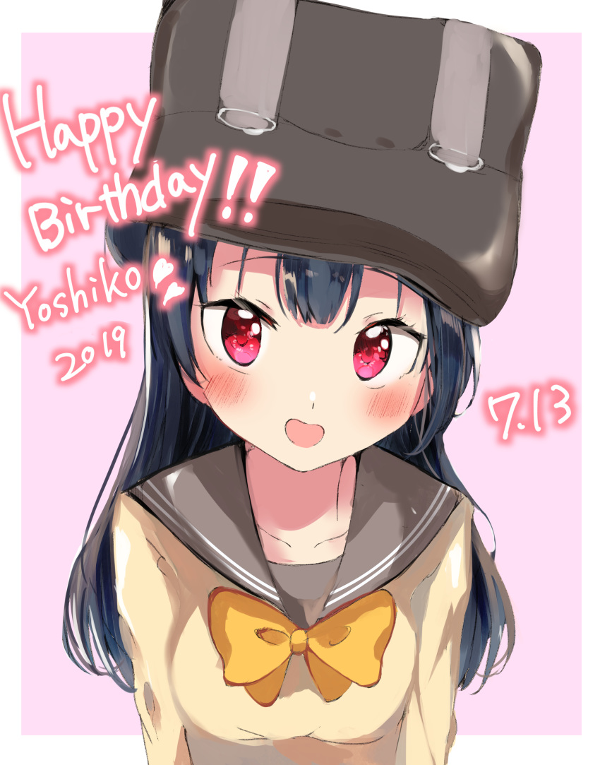 1girl 2019 absurdres bag bag_on_head bangs birthday blue_hair breasts character_name commentary_request dated english_text hair_bun happy_birthday highres long_hair long_sleeves looking_at_viewer love_live! love_live!_sunshine!! red_eyes school_bag school_uniform sidelocks small_breasts solo sunya_(honorin-yuunibo) tsushima_yoshiko upper_body uranohoshi_school_uniform