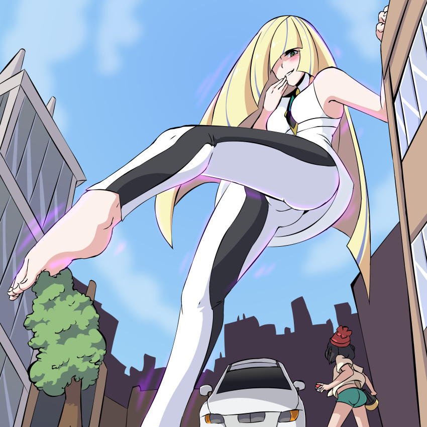 2girls absurdres bare_shoulders barefoot black_hair black_stripes blonde_hair building cameltoe car giantess green_eyes ground_vehicle hair_over_one_eye herretik highres holding holding_poke_ball leaning_on_object long_hair looking_down lusamine_(pokemon) motor_vehicle multiple_girls outdoors poke_ball pokemon pokemon_(game) pokemon_sm pov shorts size_difference smile smirk soles standing standing_on_one_leg toes tree