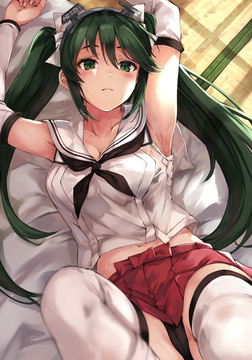 1girl arm_warmers armpits arms_up bangs black_panties blush bow breasts cleavage closed_mouth hair_bow headgear highres indoors isuzu_(kantai_collection) kantai_collection long_hair lying maki_(maki_pei) navel neckerchief on_back panties red_skirt remodel_(kantai_collection) sailor_collar school_uniform serafuku skirt solo sweat thighhighs twintails underwear white_legwear