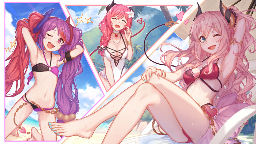 3girls ;d ^_^ arm_behind_head armpits arms_up bare_arms bare_legs bare_shoulders barefoot bikini blue_eyes blue_sky blush breasts chain closed_eyes cloud commentary_request crossed_legs day demon_horns demon_tail flat_chest flower hair_flower hair_ornament hair_over_shoulder halterneck hasekura_io heart highres horns large_breasts long_hair looking_at_viewer m-ya medium_breasts minami_suzuna multicolored_hair multiple_girls nail_polish navel one-piece_swimsuit one_eye_closed open_mouth outdoors palm_tree pink_hair princess_connect! princess_connect!_re:dive purple_hair red_bikini red_eyes red_hair sitting sky smile stomach swimsuit tail tamaizumi_misaki thighs tree twintails two-tone_hair very_long_hair wet white_flower white_swimsuit