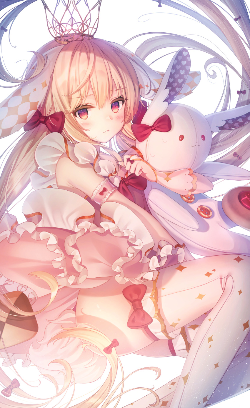 1girl :&lt; absurdres animal_ears arm_garter ass bare_shoulders biscuit blonde_hair bow bunny_ears bunny_girl bunny_tail buttons closed_mouth crown doll_hug dress floating_hair floppy_ears food frilled_dress frills hair_bow heart highres kyubi long_hair looking_at_viewer original pink_dress red_bow red_eyes solo stuffed_animal stuffed_bunny stuffed_toy tail thighhighs very_long_hair white_legwear