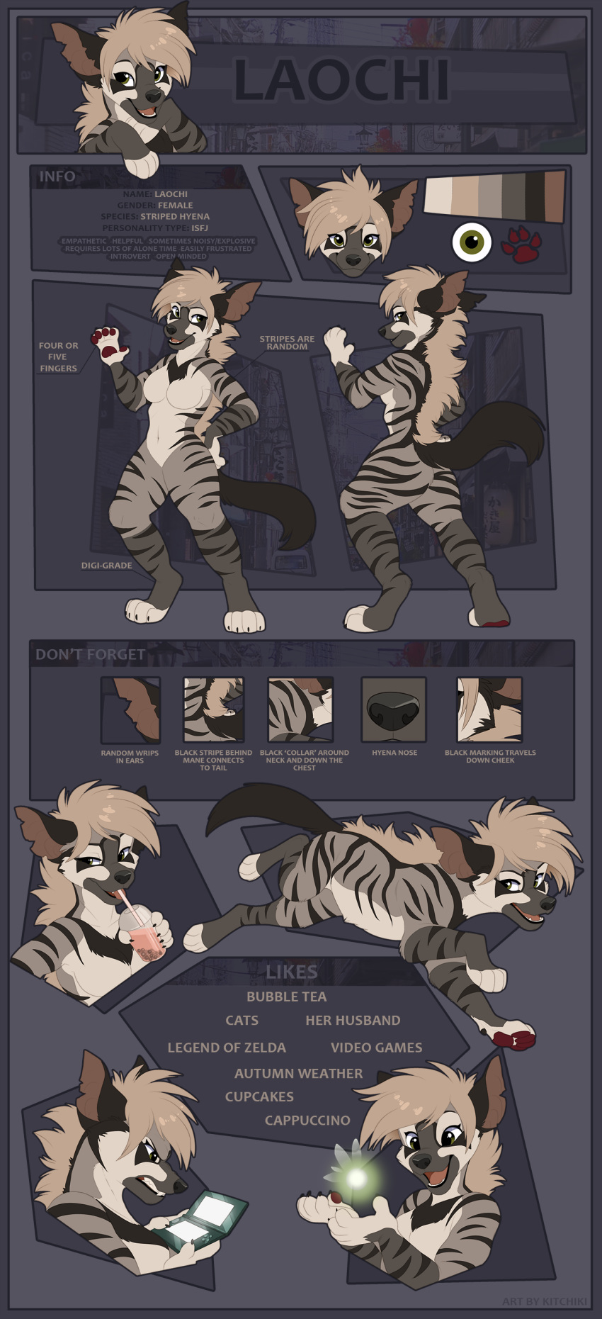 2019 4_toes absurd_res anthro breasts digital_media_(artwork) digitigrade female feral green_eyes hi_res hyaenid kitchiki mammal model_sheet nude open_mouth smile solo striped_hyena teeth toes tongue