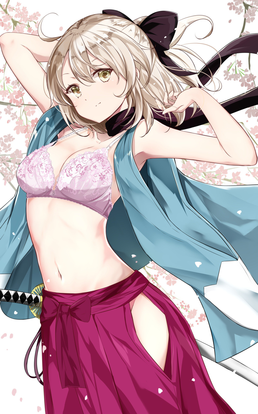 1girl absurdres ahoge arm_up black_bow black_scarf bow bra breasts cherry_blossoms cleavage closed_mouth collarbone fate_(series) hair_between_eyes hair_bow hakama haori highres japanese_clothes katana kengorou_saemon_ii_sei koha-ace long_hair looking_at_viewer medium_breasts midriff navel okita_souji_(fate) okita_souji_(fate)_(all) pink_bra ponytail red_hakama scarf sheath sheathed shiny shiny_hair silver_hair sleeves solo standing stomach sword underwear weapon yellow_eyes