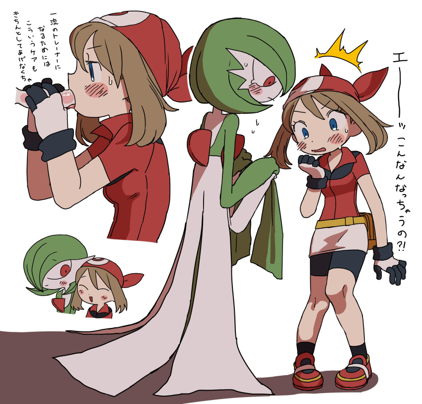 2019 absurd_res anthro blush brown_hair clothed clothing digital_media_(artwork) duo fellatio female female_on_anthro gardevoir hair hi_res human human_on_anthro humanoid interspecies japanese_text male male/female mammal may_(pok&eacute;mon) nintendo not_furry open_mouth oral penile penis pok&eacute;mon pok&eacute;mon_(species) pok&eacute;philia red_eyes semi sex simple_background text translation_request video_games young