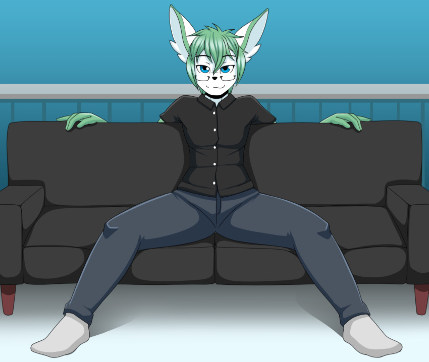 anthro balcony blue_eyes bottomwear cirrus_gracidea clothing eyewear glasses green_hair hair iabelle legendary_pok&eacute;mon legwear male nintendo pants pok&eacute;mon pok&eacute;mon_(species) shaymin shaymin_(sky_form) shirt smile socks sofa solo topwear video_games