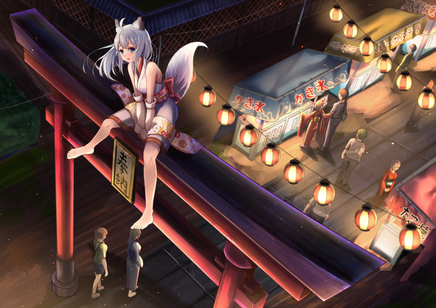 3boys 6+girls ahoge animal_ears bag bare_legs bare_shoulders barefoot bow breasts commentary_request elbow_gloves eyebrows_visible_through_hair festival fox_ears fox_tail full_body gloves hair_between_eyes highres japanese_clothes kimono lamp long_hair looking_at_viewer medium_breasts multiple_boys multiple_girls night nyoon original outdoors red_bow shorts solo_focus standing tail translation_request