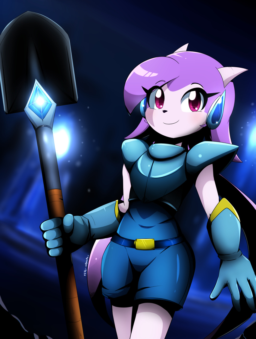 anthro armor clothed clothing dragon female freedom_planet freedom_planet_2 gloves hair handwear hi_res hybrid kenjikanzaki05 mammal purple_hair sash_lilac shovel shovel_knight solo tools video_games