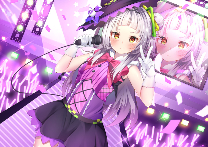 1girl absurdres bangs bare_shoulders black_headwear black_skirt blush bow commentary_request dress frills gloves glowstick hair_ornament hat highres holding holding_microphone hololive long_hair looking_at_viewer microphone multiple_views murasaki_shion nari_(narikashi) pink_bow silver_hair skirt smile sticks virtual_youtuber w white_gloves witch_hat